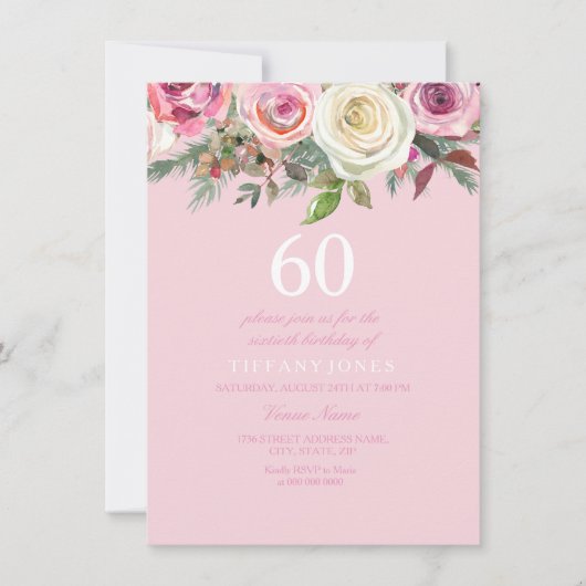 美しいピンクのバラの花の60歳の誕生日招待状 招待状 (正面)
