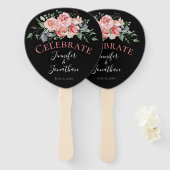 美しいピンクのバラの花束オンブラック ハンドファン (正面&裏面)