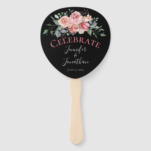 美しいピンクのバラの花束オンブラック ハンドファン (正面)