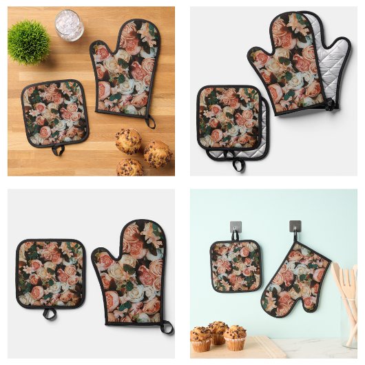 美しいピンクのバラの花 鍋つかみ&鍋敷きセット