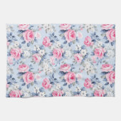 美しいピンクのバラ白い花のパターン キッチンタオル (横)