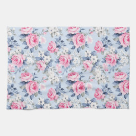美しいピンクのバラ白い花のパターン キッチンタオル
