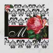 美しいピンクのバラ白黒ダマスモノグラム 招待状 (正面/裏面)