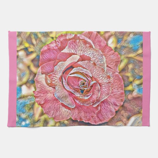 美しいピンクのバラ絵画の花 キッチンタオル (横)