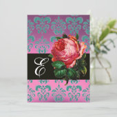 美しいピンクのバラ薄紫ブルーダマスクモノグラム 招待状 (スタンド正面)