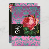 美しいピンクのバラ薄紫ブルーダマスクモノグラム 招待状 (正面/裏面)