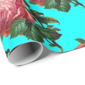 美しいピンクのバラ、ターコイズティール（緑がかった色）ブルー ラッピングペーパー (ロールコーナー)