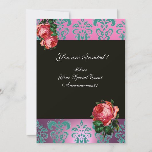 美しいピンクのバラ ライラック ブルー ダマスク モノグラム 招待状 (裏面)