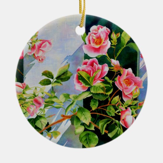 美しいピンクのバラ、赤いバラ、水彩フローラ セラミックオーナメント (正面)