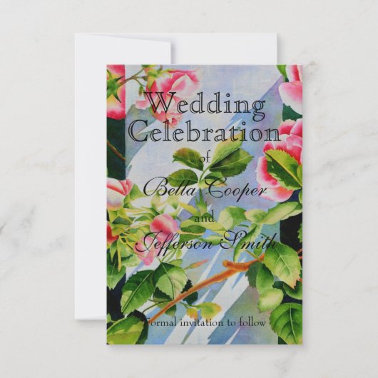 美しいピンクのバラ、赤いバラ、水彩フローラ セーブザデート (正面)