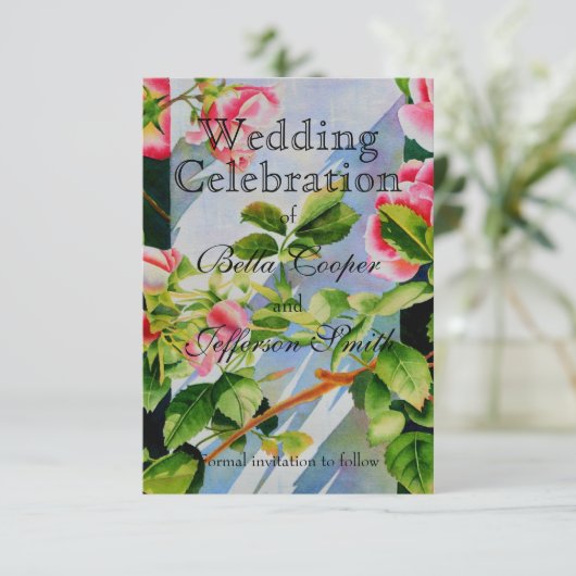 美しいピンクのバラ、赤いバラ、水彩フローラ セーブザデート (スタンド正面)