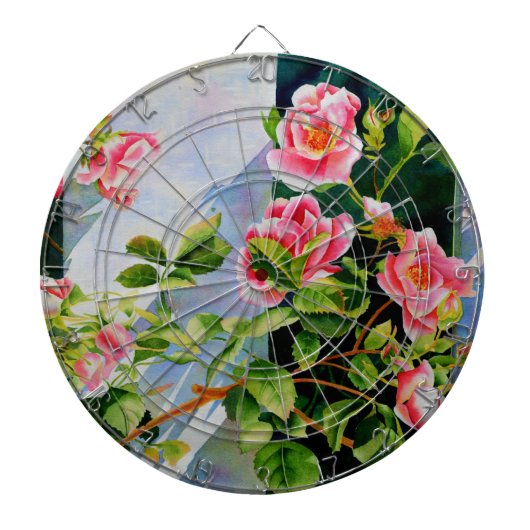 美しいピンクのバラ、赤いバラ、水彩フローラ ダーツボード (正面)