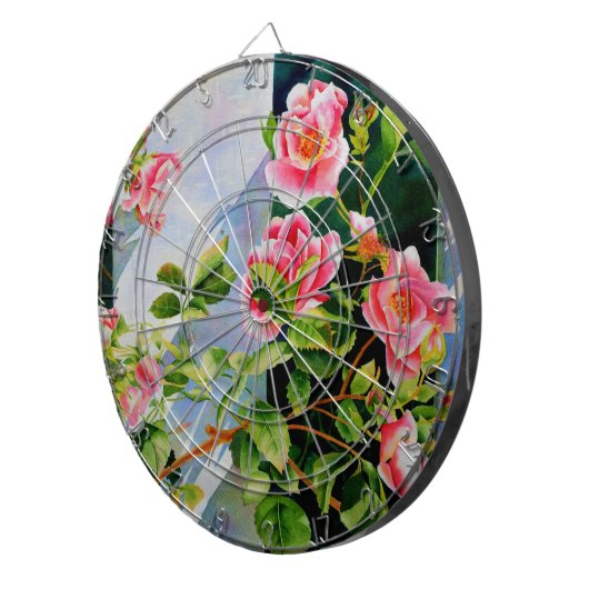美しいピンクのバラ、赤いバラ、水彩フローラ ダーツボード (正面右)