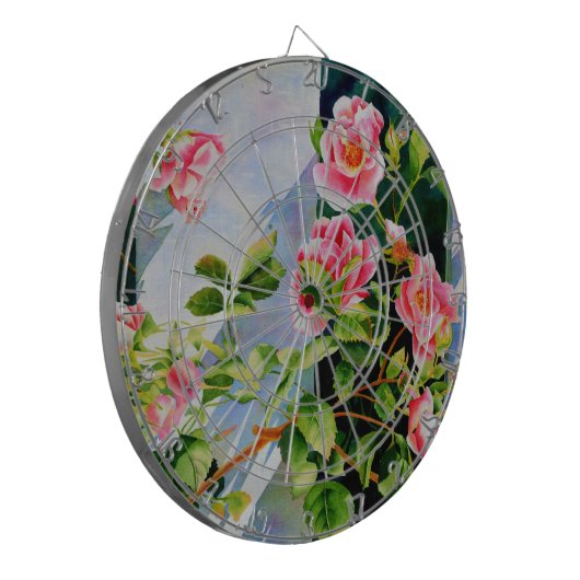 美しいピンクのバラ、赤いバラ、水彩フローラ ダーツボード (正面左)