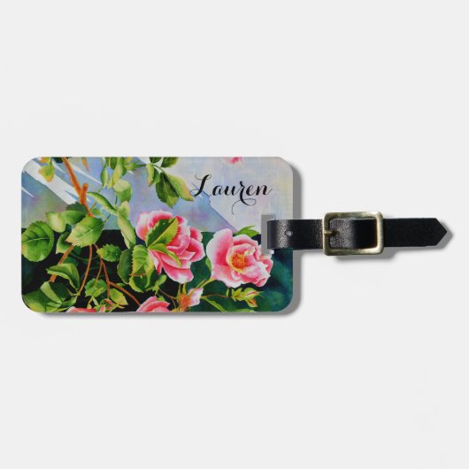 美しいピンクのバラ、赤いバラ、水彩フローラ ラゲッジタグ (正面横)