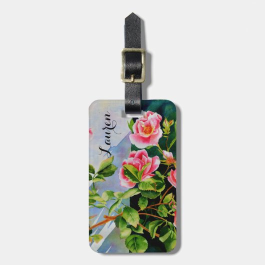 美しいピンクのバラ、赤いバラ、水彩フローラ ラゲッジタグ (正面縦)