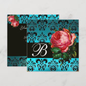 美しいピンクのバラ 青 黒 ダマスク モノグラム 招待状 (正面/裏面)