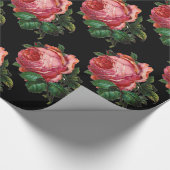 美しいピンクのバラ、黒 ラッピングペーパー (角)