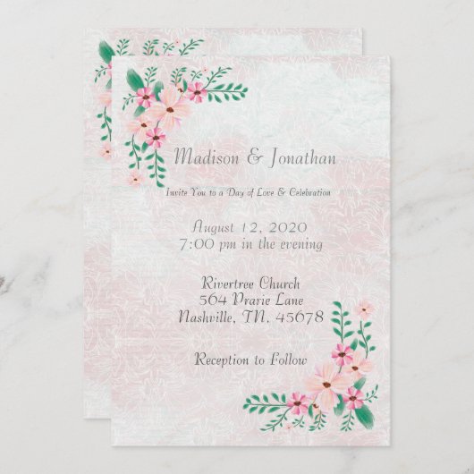 美しいピンクのフローラの結婚水色 招待状 (正面/裏面)