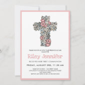 美しいピンクのフローラクロスファースト聖餐式 招待状 (正面)