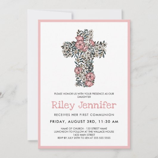 美しいピンクのフローラクロスファースト聖餐式 招待状 (正面)