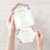 美しいピンクのフローラトリニティクロスガールバプテスマ オールインワン招待状 (切り取り部)