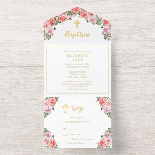 美しいピンクのフローラトリニティクロスガールバプテスマ オールインワン招待状 (内側)