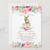 美しいピンクのフローラバニー1st誕生日の写真 招待状 (正面)