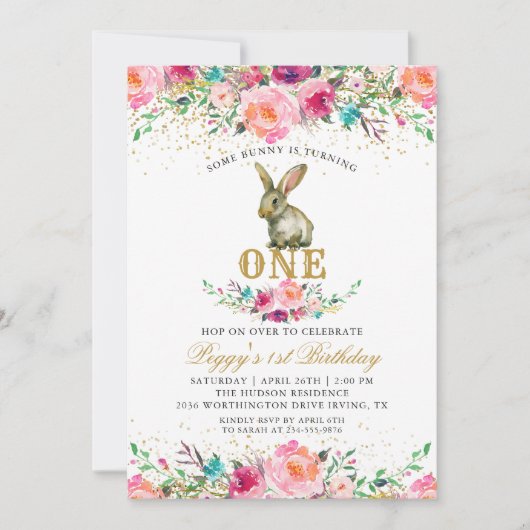 美しいピンクのフローラバニー1st誕生日の写真 招待状 (正面)