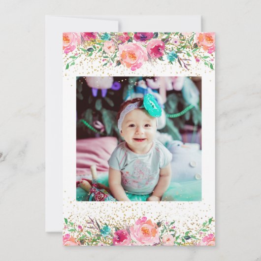 美しいピンクのフローラバニー1st誕生日の写真 招待状 (裏面)