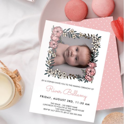美しいピンクのフローラフレーム写真命名式 招待状