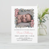 美しいピンクのフローラフレーム写真命名式 招待状 (スタンド正面)