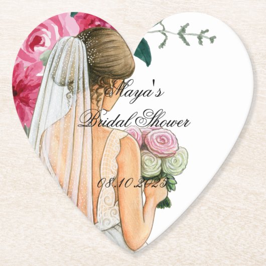美しいピンクのフローラブライダルシャワー ペーパーコースター (正面)