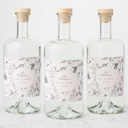 美しいピンクのフローラモノグラム結婚スケッチ リキュールボトルラベル (ボトル)
