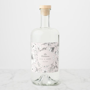 美しいピンクのフローラモノグラム結婚スケッチ リキュールボトルラベル