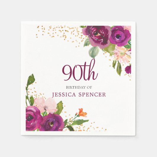 美しいピンクのフローラ女性90th誕生日パーティー スタンダードカクテルナプキン (正面)