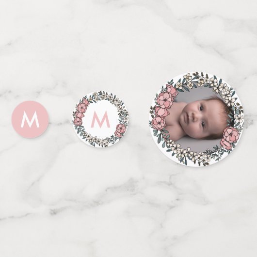 美しいピンクのフローラ枠クロスフォト洗礼 コンフェッティ (正面)