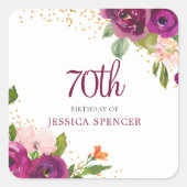 美しいピンクのフローラ70th誕生日パーティー スクエアシール (正面)