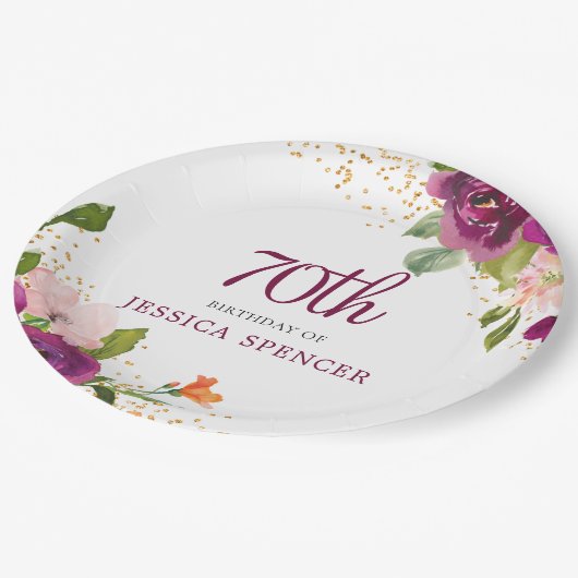 美しいピンクのフローラ70th誕生日パーティー ペーパープレート (アングル)