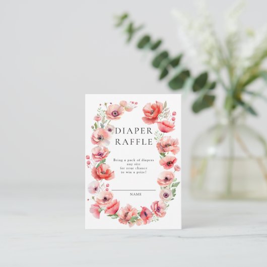 美しいピンクのポピー赤ちゃんシャワーおむつラッフル エンクロージャーカード (スタンド正面)