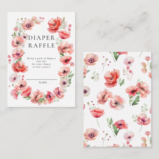 美しいピンクのポピー赤ちゃんシャワーおむつラッフル エンクロージャーカード (正面/裏面)