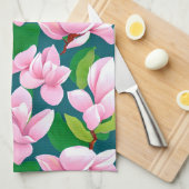 美しいピンクのマグノリアの花 キッチンタオル (四つ折り)