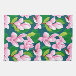 美しいピンクのマグノリアの花 キッチンタオル