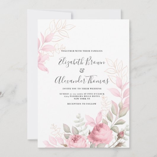 美しいピンクのミント離れバラフローラ結婚の 招待状 (正面)