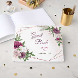美しいピンクのメイブブルゴーニュ色の花ジオメトリック ゲストブック