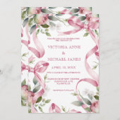 美しいピンクのリボン&フローラ結婚ズ。 招待状 (正面/裏面)