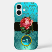 美しいピンクのローズブルーティール(緑がかった色)ダマスクジェムモノグラム Case-Mate iPhoneケース (裏面)