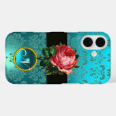 美しいピンクのローズブルーティール(緑がかった色)ダマスクジェムモノグラム Case-Mate iPhoneケース (裏面 (横))