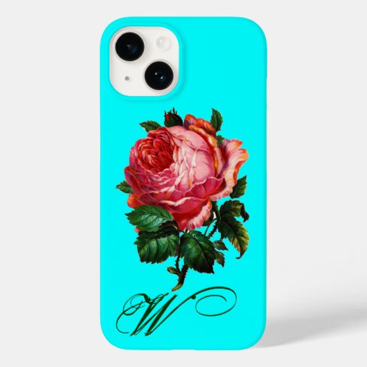 美しいピンクのローズモノグラム、ティール(緑がかった色)アクアブルー Case-Mate iPhoneケース (裏面)