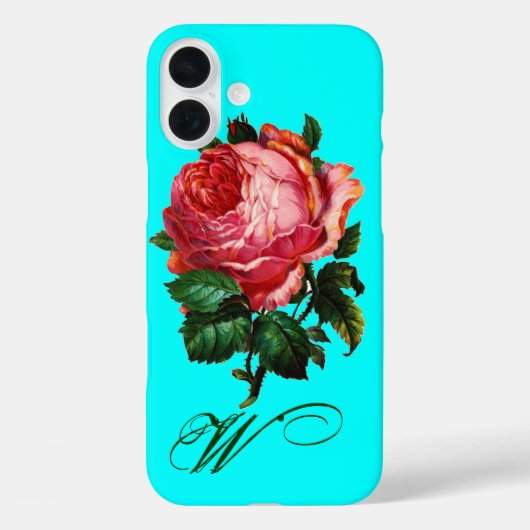 美しいピンクのローズモノグラム、ティール(緑がかった色)アクアブルー Case-Mate iPhoneケース (裏面)
